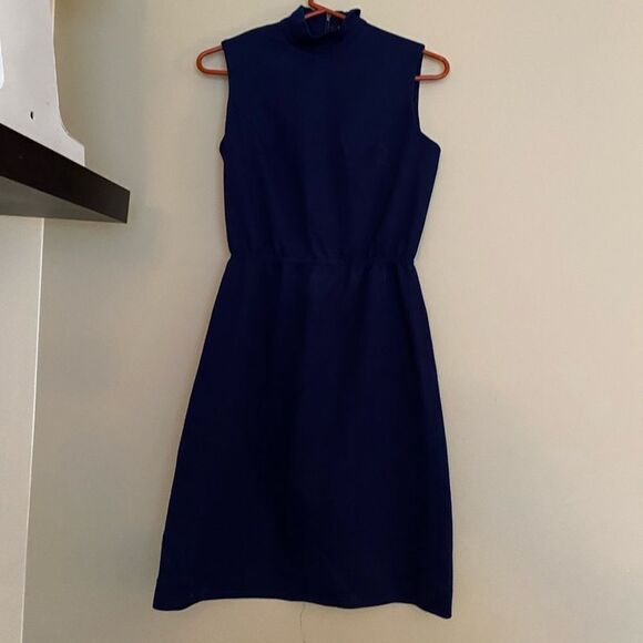Vintage VTG Navy Blue Short Sleeve Turtleneck Dress Size Medium 60s Mod - Picture 2 of 11